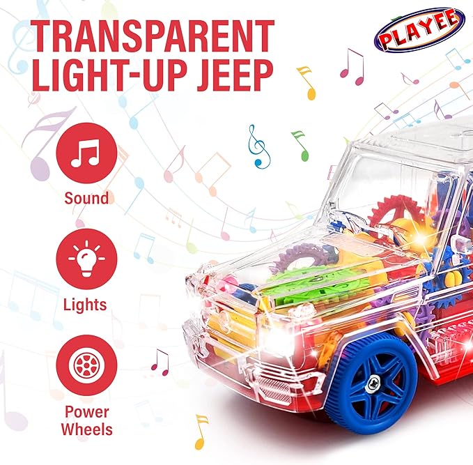 SUV Bump and Go Off Road Vehicle with Moving Gears – Light Up Transparent Toy with Music and LED Lights 8 Inch