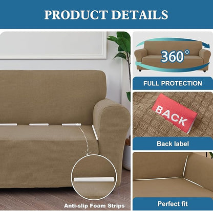 100% Waterproof Jacquard Fabric Couch Cover, Dual Layer with TPU Film, Leakproof High Elasticity Non-Slip Washable Furniture Protector for Pets, Dogs, Cats and Kids (Loveseat,Leather Brown)