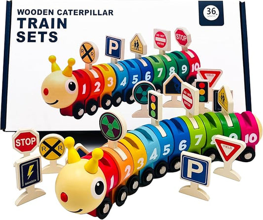 Montessori Toys for 3 Year Old, Wooden Caterpillar Number Train Set Toys with Street Signs 4 Year 3, Birthday 3