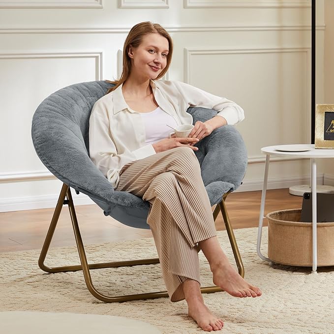 Sweetcrispy Cozy Saucer Chairs Faux Fur Living Room Reading Lounge Furniture Folding Comfy with Soft Thick Padded Seat Metal Frame Modern Style for Bedroom Home Adults, X-Large, Grey