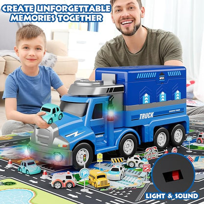 Dwi Dowellin Truck Toys for Kids 3 4 5 6 Years Old, Vehicle Toys for Kids with 4 City Cars and Playmat 3-5 (Blue)