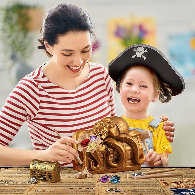 XXTOYS Jumbo Pirate Dig Kit - Dig up 12 Pirate Treasures, Gemstones, Gold Coins - Pirate Toys for Kids - Great Birthday Party Supplies, Gifts Idea for Boys & Girls - Includes Treasure Chest