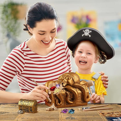 XXTOYS Jumbo Pirate Dig Kit - Dig up 12 Pirate Treasures, Gemstones, Gold Coins - Pirate Toys for Kids - Great Birthday Party Supplies, Gifts Idea for Boys & Girls - Includes Treasure Chest