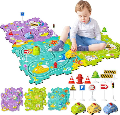 Marlo & Buzz Puzzle Racer Kids Car Track Play Set, Themed Educational Puzzles Racers Tracks with Electric Vehicles for 3+ Childrens (3 Theme (Ocean 24, pcs)