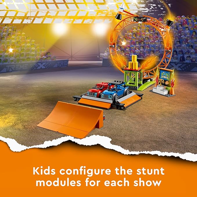 LEGO City Stunt Show Arena 60295 Building Toy Set with 2 Monster Trucks, 2 Collapsible Cars, a Flywheel-Powered Stunt Bike, Launch Ramps, Ring of fire and 6 Minifigures