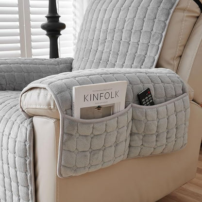 Quilted Recliner Chair Covers, Plush Non Slip Chair Slipcover Soft Washable Couch Cover Furniture Protector with Elastic Straps and Pocket for Kids, Dogs, Pets (Grey, 1 Seater)