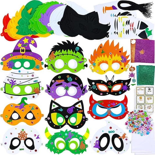 Winlyn 24 Sets Halloween Masks Craft Kits Halloween Face Masks DIY Foam Halloween Party Mask Art Sets Halloween Ghost Monster Mummy Face Stickers for Kids Classroom Activities Halloween Party Treats
