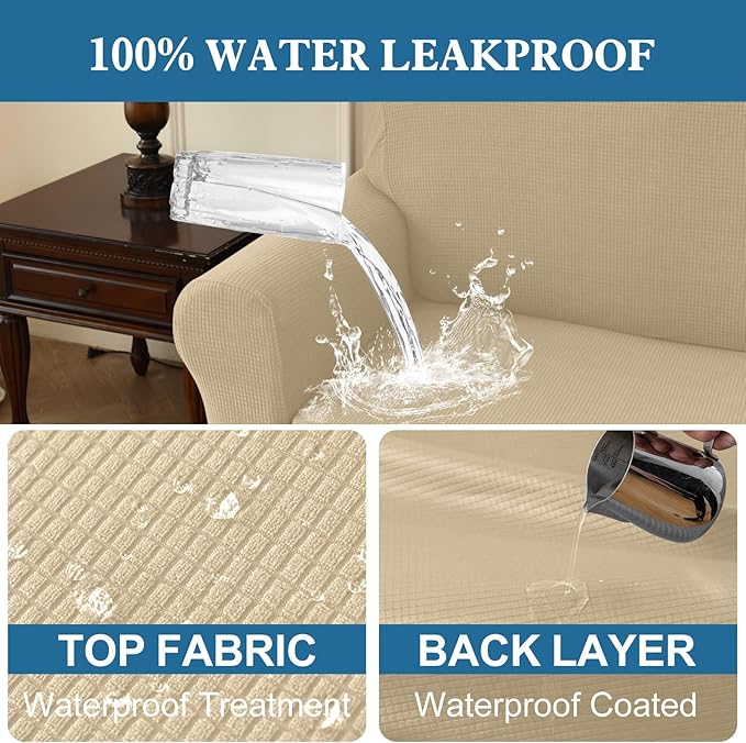 100% Waterproof Jacquard Fabric Couch Cover, Dual Layer with TPU Film, Leakproof High Elasticity Non-Slip Washable Furniture Protector for Pets, Dogs, Cats and Kids (Loveseat,Natural Color)