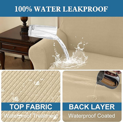 100% Waterproof Jacquard Fabric Couch Cover, Dual Layer with TPU Film, Leakproof High Elasticity Non-Slip Washable Furniture Protector for Pets, Dogs, Cats and Kids (Loveseat,Natural Color)