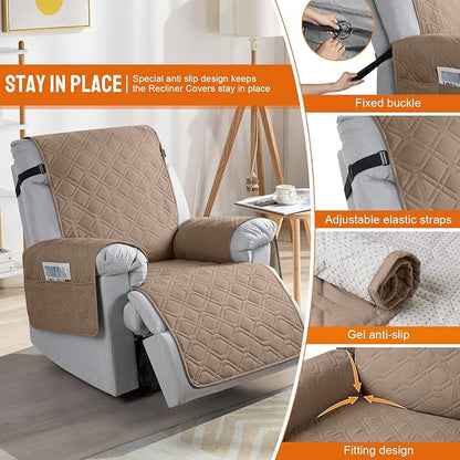 VANSOFY 100% Waterproof Recliner Chair Covers, Recliner Cover Non-Slip Dog Chair Cover Furniture Protector Washable Slipcover with Pocket, Elastic Straps for Pets, Dogs(Light Brown, 23.6")