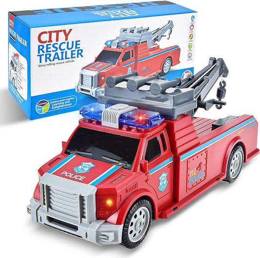 Rescue Trailer Truck Toys for Kids 3-7 Years Old, Electric Truck with Hitch Trailer with Lights and Sounds Toys 3+ (Style 2)