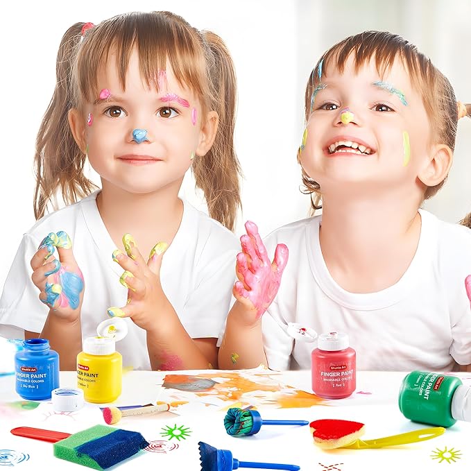 Washable Finger Paint Set, Shuttle Art 46 Pack Kids Paint Set with 14 Colors(60ml) Finger Paints, Brushes, Finger Paint Pad, Sponge, Palette, Smock, NonToxic for Toddlers Home Activity Early Education