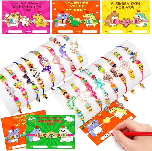 Valentines Day Cards Gifts for Kids 24 Friendship Bracelets Dinosaur Unicorn Bracelets Adjustable Play Jewelry Little Girls Classroom School Exchange Prizes For Boys Students Toddlers Party Faovr Bags