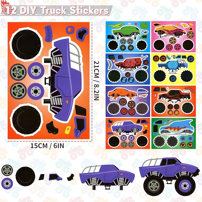Winrayk Monster Truck Party Favors Kids Birthday Supplies, Invisible Ink Pen Notebook Straw Gift Bag DIY Sticker Keychain Slap Bracelet, Pinata Filler Goody Stuffer Game Boys Monster Truck Party Decor