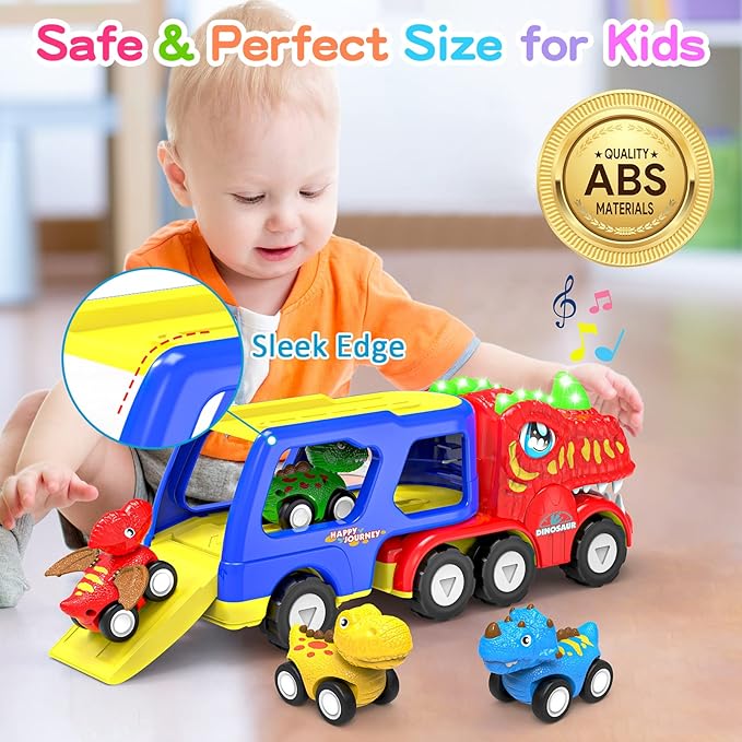 Toys for 1 2 3 4 Year Old Boys Girls, 5 in 1 Toy Trucks for Boys Age 2-3 with 4 Dinosaur Toy Cars for Toddlers 1-3