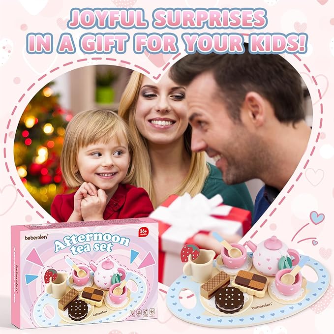 Wooden Tea Set for Little Girls Birthday Gift 2-4 Year Old Princess Toys Play Food Sets for Kids Kitchen Accessories Toddlers 3-5 Outdoor Party 1-3 Pretend Food Dessert Cookies Wood Toy