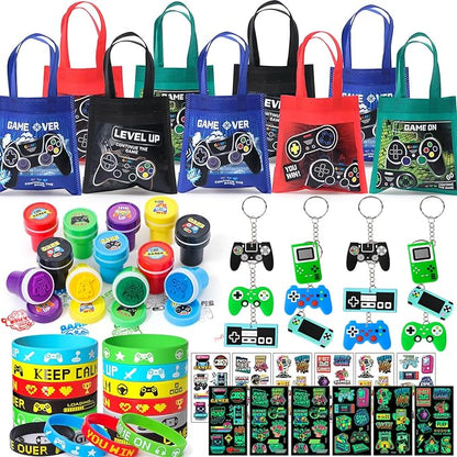 Winrayk Video Game Party Favors Gamer Birthday Supplies for Kids, Non Woven Bag Silicone Bracelet Stamper Glow Sticker Keychain 12 Sets Game on Pinata Filler Goody Bag Stuffer Boys Gaming Party Favors