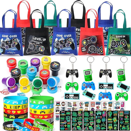 Winrayk Video Game Party Favors Gamer Birthday Supplies for Kids, Non Woven Bag Silicone Bracelet Stamper Glow Sticker Keychain 12 Sets Game on Pinata Filler Goody Bag Stuffer Boys Gaming Party Favors
