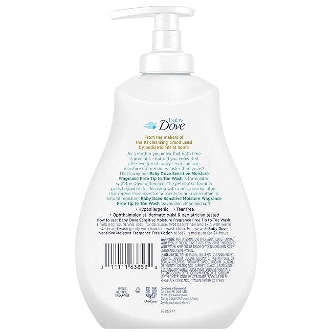 Baby Dove Tip to Toe Baby Body Wash For Baby's Sensitive Skin Sensitive Moisture Washes Away Bacteria, Fragrance-Free and Hypoallergenic Baby Soap 13 Fl 3)
