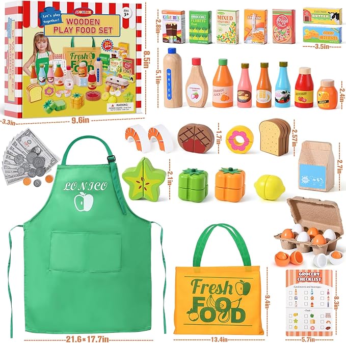 Wooden Play Food Toys for Kids, Market Grocery Store Toys with Snack & Shopping Bag & Apron for Toddlers, Pretend Play Kitchen Accessories Christmas Birthday Gift for Girls Boys 3 4 5 6