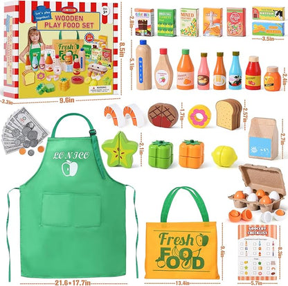 Wooden Play Food Toys for Kids, Market Grocery Store Toys with Snack & Shopping Bag & Apron for Toddlers, Pretend Play Kitchen Accessories Christmas Birthday Gift for Girls Boys 3 4 5 6
