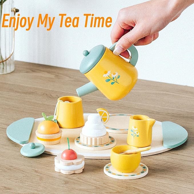 Wooden Tea Party Set for Little Girls Toys, Pretend Play Kids Tea Set for Toddlers Wood Toys, Wooden Play Food Kitchen Accessories Sets for Kid (Royal Tea)