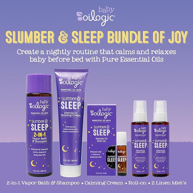 Oilogic Slumber & Sleep Baby Bath Essentials Gift Set, 5-Pack - Essential Oil Care includes Roll-On