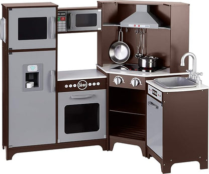 Amazon Basics Kids Corner Wooden Kitchen Toy Playset with Stove, Oven, Sink, Fridge and Accessories, for Toddlers, Preschoolers, Children Age 3+ Years, Espresso/Gray, 39.37"L x 28.35"W x 35.04"H