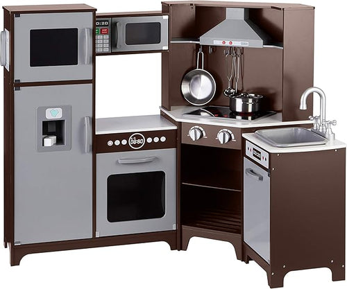 Amazon Basics Kids Corner Wooden Kitchen Toy Playset with Stove, Oven, Sink, Fridge and Accessories, for Toddlers, Preschoolers, Children Age 3+ Years, Espresso/Gray, 39.37"L x 28.35"W x 35.04"H