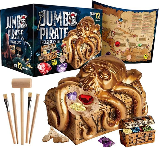 XXTOYS Jumbo Pirate Dig Kit - Dig up 12 Pirate Treasures, Gemstones, Gold Coins - Pirate Toys for Kids - Great Birthday Party Supplies, Gifts Idea for Boys & Girls - Includes Treasure Chest