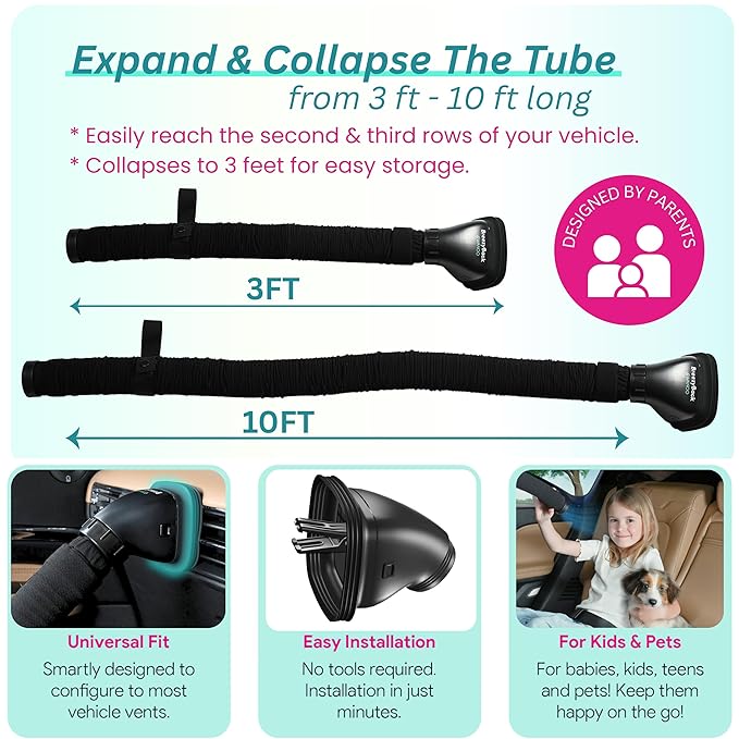 Swanoo Car AC Vent Extender | Air Vent Hose for Backseat | Directs Cool or Hot Air to Kids & Pets | Universal Fit | Extends Up to 10 FT | AC Tube for Baby Car | Back Seat Air Conditioning | BreezyBack