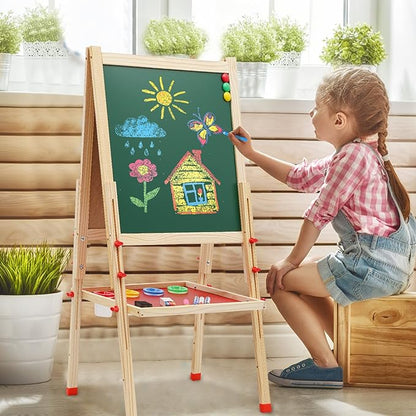Wooden Art Easel for Kids, Double Sided Kids Easel with Whiteboard & Chalkboard, Height Adjustable Standing Toddler Easel with Painting Accessories, Education Gift for Boys and Girl Toddler