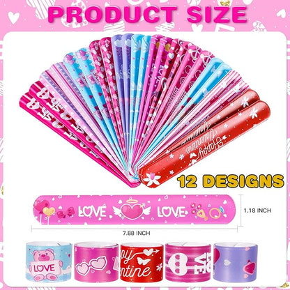 48 Pcs Valentines Slap Bracelets Rubber Bracelets Valentines Party Favors Gifts for Kids School Classroom Goodie Bag Stuffers