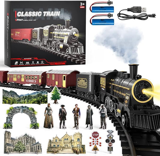 TEMI Train Set for Kids 3-12 Years, Electric Classical Steam Engine Locomotive with Steam