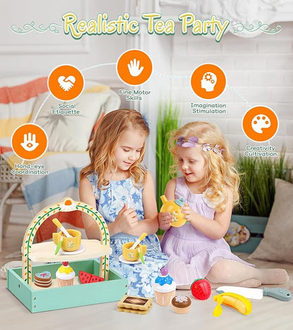 Wooden Tea Set for Toddlers Girls, Tea Party Set with Storage Cupcake Stand Extra Cutting Fruit Kids Tea Set for 3 4 5 6 Years Little Girls, Jeowoqao Portable Princess Tea Party Toys Gifts