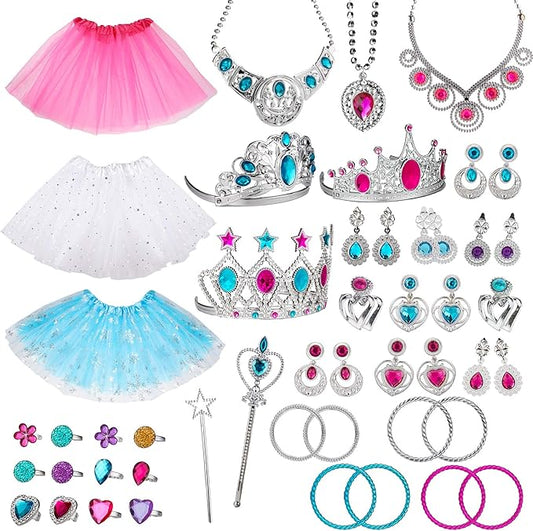 WATINC 51Pcs Princess Jewelry Toy Pretend Play Set Ballet Tutu Skirts of Stars Snowflake for Little Girls Crowns Necklaces Adjustable Jewel Rings Earrings Bracelets Wands Dress Up Accessories for Kids