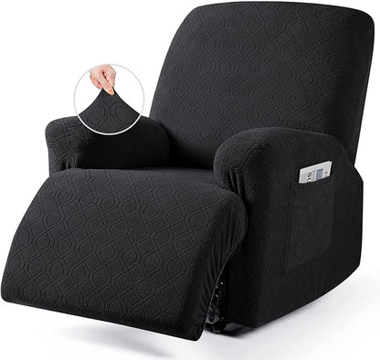 VANSOFY Oversized Recliner Chair Cover, 4-Pieces Stretch Recliner Covers for Recliner Chair Soft Reclining Chair Slipcover Jacquard Pattern Furniture Protector for Dogs Cats(Black)
