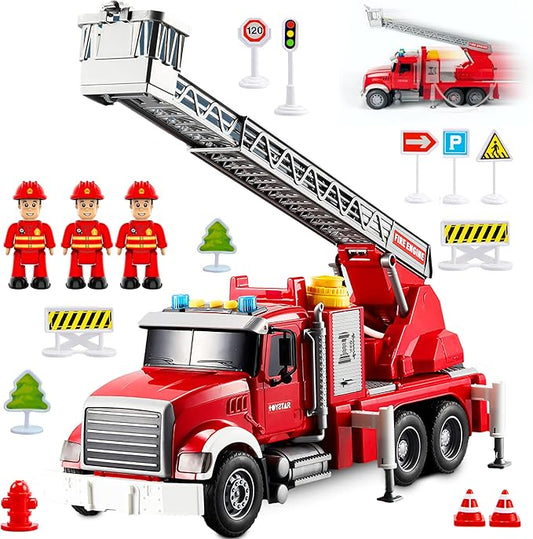 Fire Truck Toy Set for Kids - Fire Engine Truck with Water Spraying Hose, Rotating Ladder + 3 Fireman Firefighters 4-7, Girls 3 Years