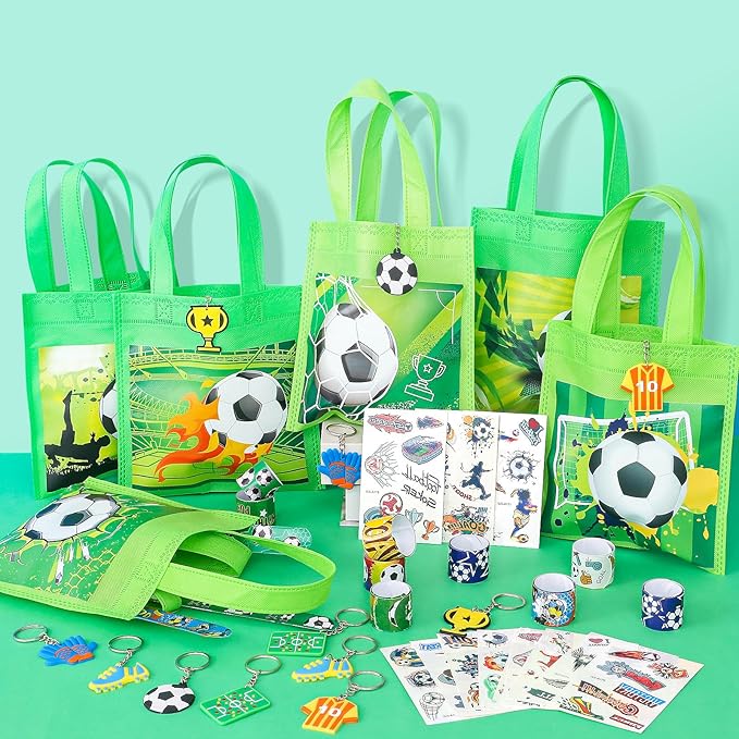 Winrayk 12 Set Soccer Party Favors Sports Birthday Supplies Kids, Non Woven Gift Bags Slap Bracelet Keychain Tattoo Sticker Boys Gift Toy Soccer Pinata Filler Goodie Bag Stuffers Soccer Party Supplies