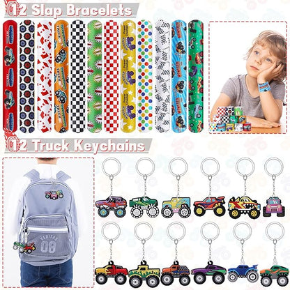 Winrayk Monster Truck Party Favors Kids Birthday Supplies, Invisible Ink Pen Notebook Straw Gift Bag DIY Sticker Keychain Slap Bracelet, Pinata Filler Goody Stuffer Game Boys Monster Truck Party Decor