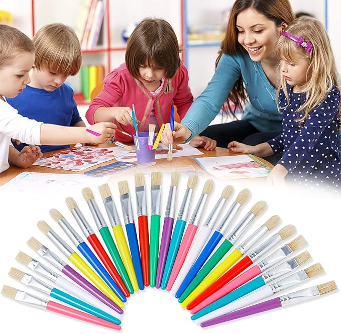 YGAOHF 48 Pack Paint Brushes for Kids - Kids Paint Brushes with Bristle, Big Washable Chubby Toddler Paint Brushes, Easy to Clean Round Flat Brushes for Acrylic Oil Watercolor Washable Paint