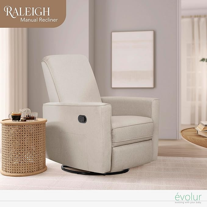 Evolur Raleigh Glider in Light Sand, Upholstered Plush Seating 360° Swivel Glider Rocking Chair, FSC Certified, Greenguard Gold & JPMA Certified Nursery Glider Recliner