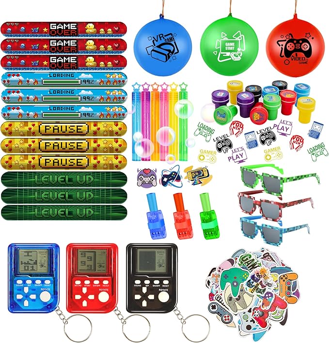 Video Game Party Favors, Gaming Birthday Party Supplies with Mini Game Player Pixel Sunglasses Finger Lights Slap Bracelet Punch Balloon Stamp Bubble Wand 92pcs Birthday Party Favors for Kids