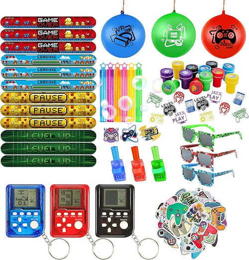 Video Game Party Favors, Gaming Birthday Party Supplies with Mini Game Player Pixel Sunglasses Finger Lights Slap Bracelet Punch Balloon Stamp Bubble Wand 92pcs Birthday Party Favors for Kids