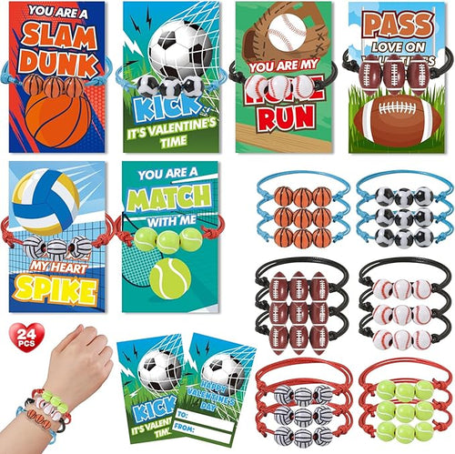 Valentines Day Cards for Kids, 24 Pack Adjustable Sports Charm Bracelets with Valentines Day Cards for Valentine School Party Favors for Kids Boys Girls, Kids Exchange Valentines Day Gifts