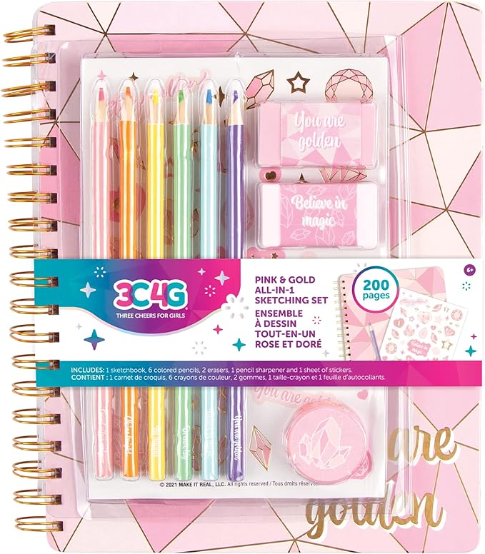 Three Cheers for Girls - Pink & Gold All-In-1 Sketchbook Set - Girls Diary, Journal, Sketch Book for Kids w/ Pencils, Stickers & More - Drawing Kit for Kids - Unlined Diary for Girls - Kids Sketch Pad