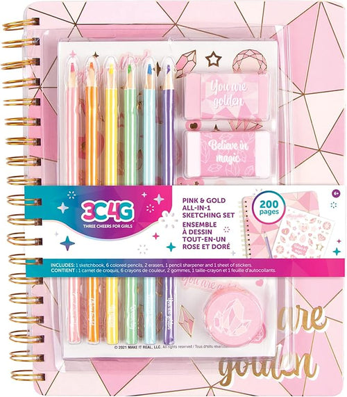 Three Cheers for Girls - Pink & Gold All-In-1 Sketchbook Set - Girls Diary, Journal, Sketch Book for Kids w/ Pencils, Stickers & More - Drawing Kit for Kids - Unlined Diary for Girls - Kids Sketch Pad