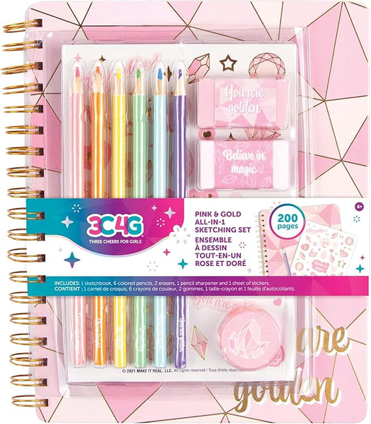 Three Cheers for Girls - Pink & Gold All-In-1 Sketchbook Set - Girls Diary, Journal, Sketch Book for Kids w/ Pencils, Stickers & More - Drawing Kit for Kids - Unlined Diary for Girls - Kids Sketch Pad