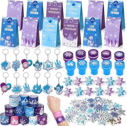 Winrayk 112Pcs Frozen Party Favors Elsa Birthday Supplies for Girls Kids, Gift Bag Stamper Slap Bracelet Keychain Snowflake Ring Sticker Pinata Filler Winter Frozen Birthday Party Supplies Decorations