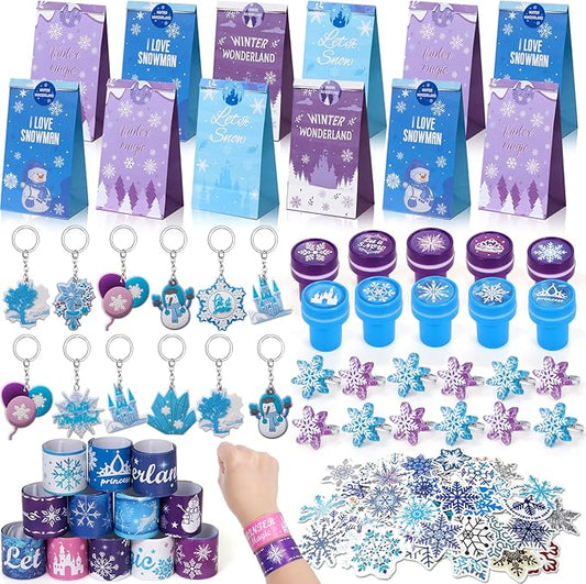 Winrayk 112Pcs Frozen Party Favors Elsa Birthday Supplies for Girls Kids, Gift Bag Stamper Slap Bracelet Keychain Snowflake Ring Sticker Pinata Filler Winter Frozen Birthday Party Supplies Decorations